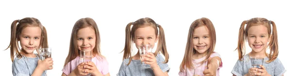 Set Cute Little Girl Glass Water White Background — 스톡 사진