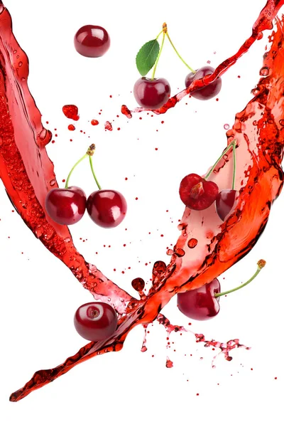 Sweet Cherries Splashes Juice Isolated White — Fotografia de Stock