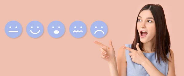 Shocked Young Woman Pointing Many Different Emoticons Pink Background — Stock Photo, Image