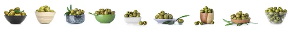 Set Bowls Green Olives Isolated White — Fotografia de Stock