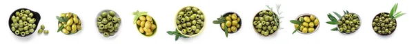 Set Bowls Green Olives Isolated White Top View —  Fotos de Stock