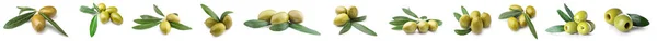 Set Green Olives Isolated White — Stok fotoğraf
