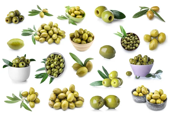 Set Green Olives Isolated White — Stockfoto