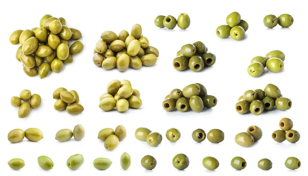 Set Green Olives Isolated White — Photo