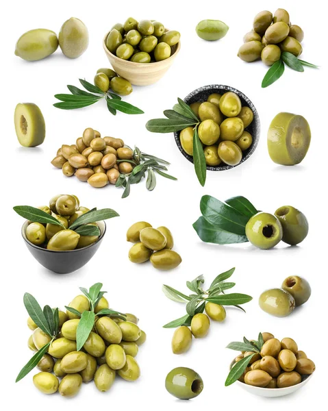 Set Green Olives Isolated White — Stock Photo, Image