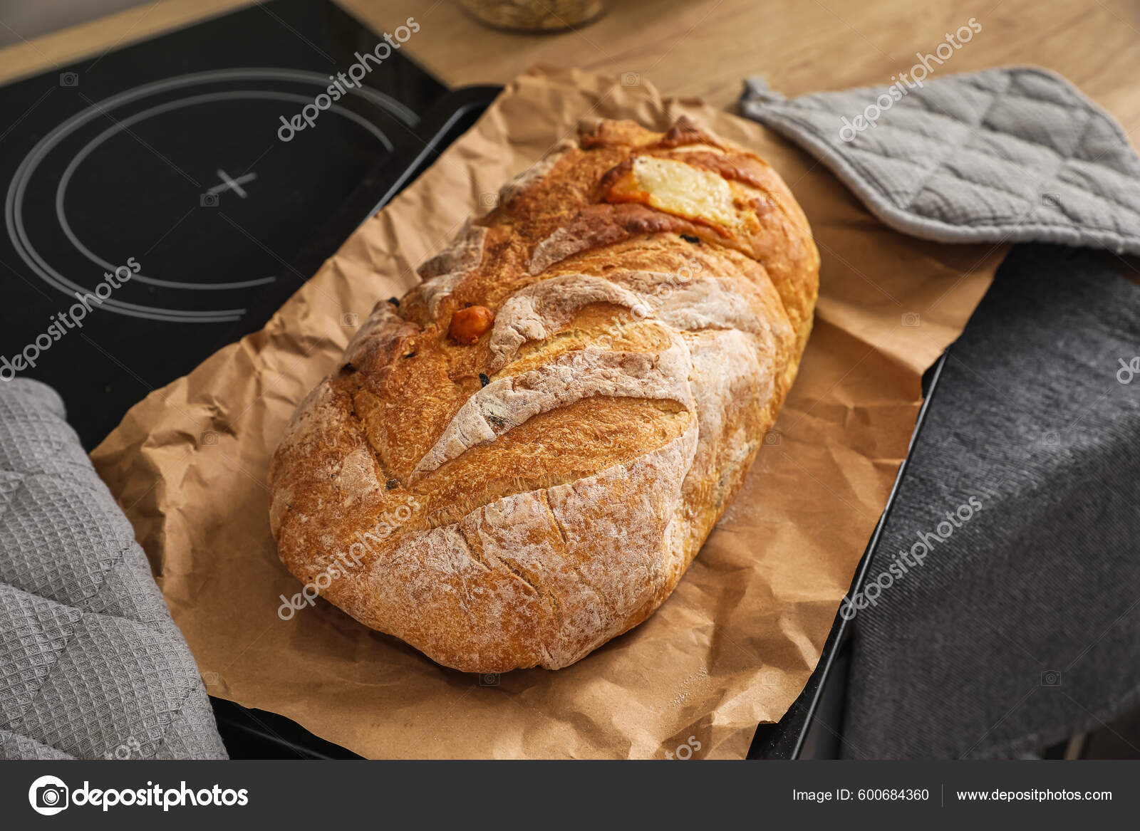Baking Sheet Fresh Bread Parchment Paper Stove Kitchen Stock Photo by