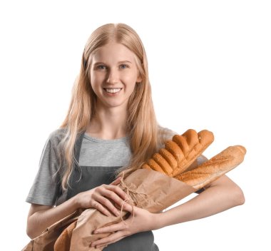 Young woman holding fresh bread on white background