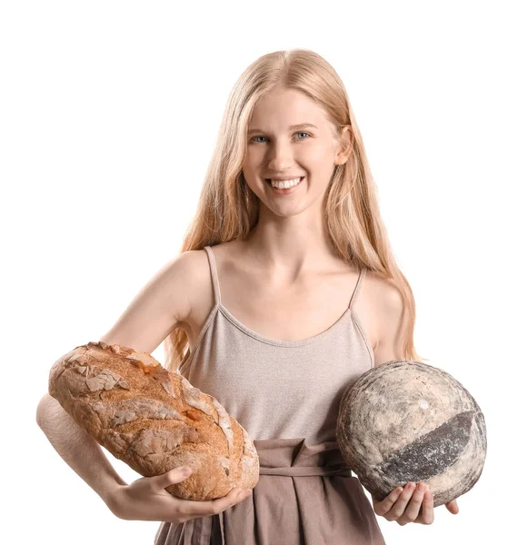 Молодая Женщина Свежим Хлебом Белом Фоне — стоковое фото