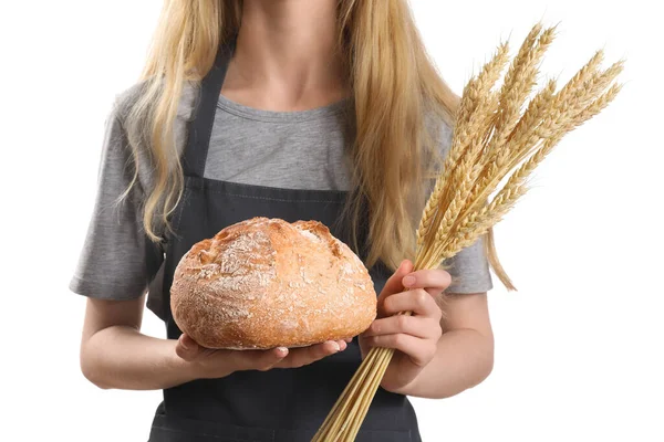 Young Woman Fresh Bread Wheat Ears White Background — Zdjęcie stockowe
