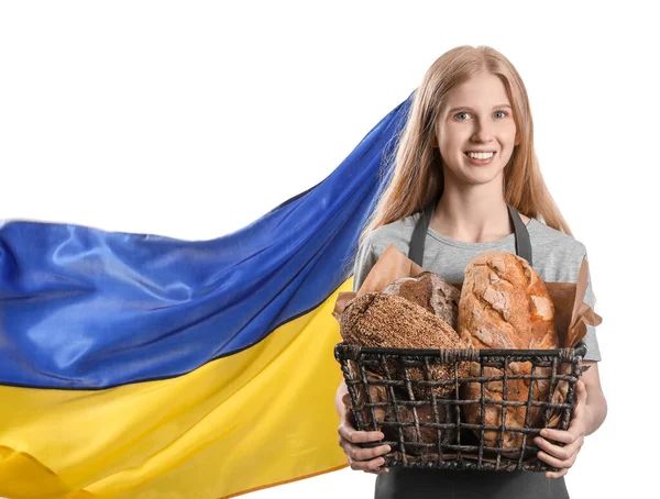 Young Woman Holding Basket Fresh Bread Flag Ukraine White Background — Stok fotoğraf