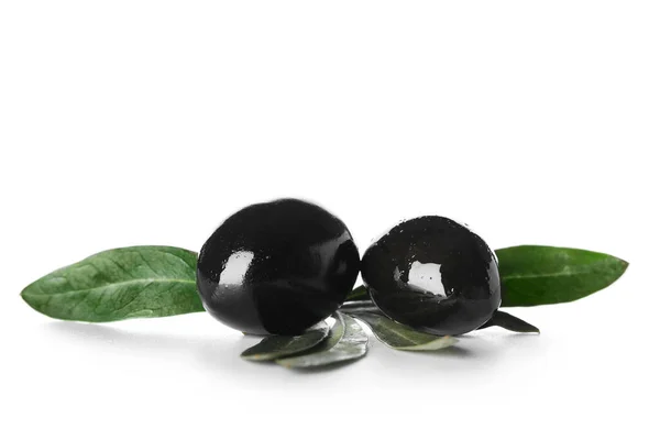 Tasty Black Olives Leaves White Background — Stock Photo, Image