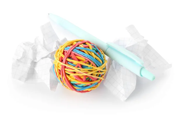 Colorful Rubber Band Ball Crumpled Paper Pen White Background — Stock Photo, Image