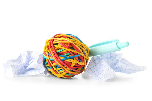 Colorful Rubber Band Ball Crumpled Paper Pen White Background — Stock Photo, Image