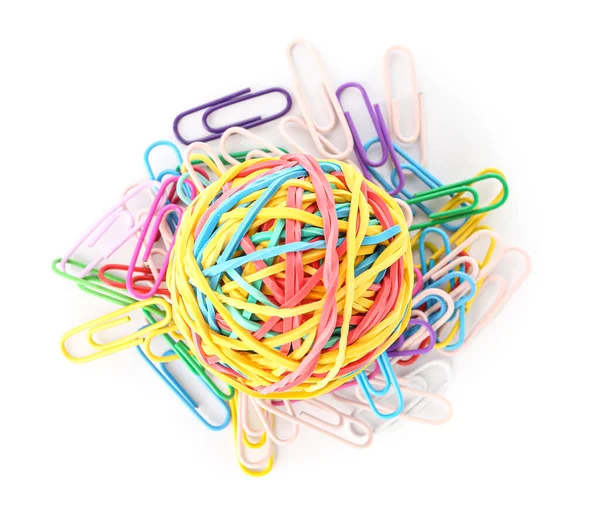 Colorful Rubber Band Ball Paper Clips White Background — Stock Photo, Image