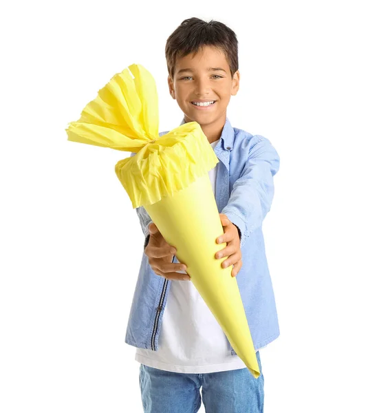 Little Boy Yellow School Cone White Background — Fotografia de Stock