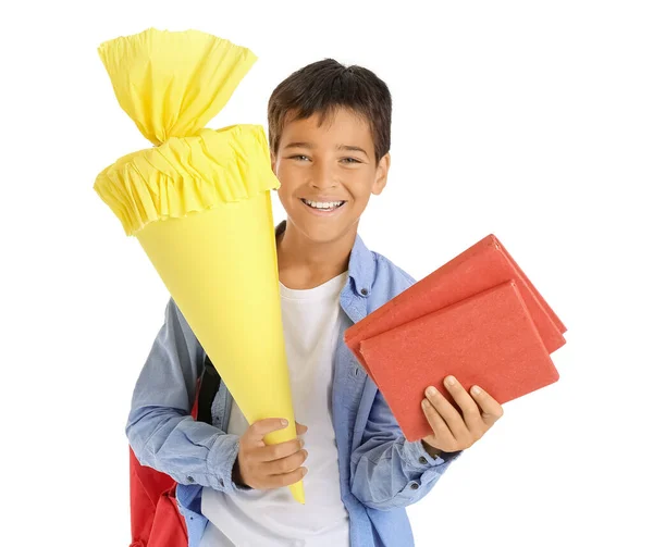 Little Boy Yellow School Cone Books White Background — Stock Photo, Image
