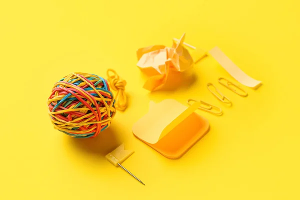 Set Different Stationery Colorful Rubber Band Ball Yellow Background — Foto de Stock