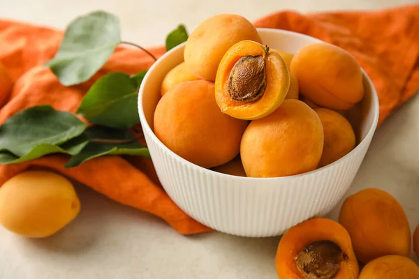 Bowl Tasty Ripe Apricots Light Background Closeup — Stock Photo, Image