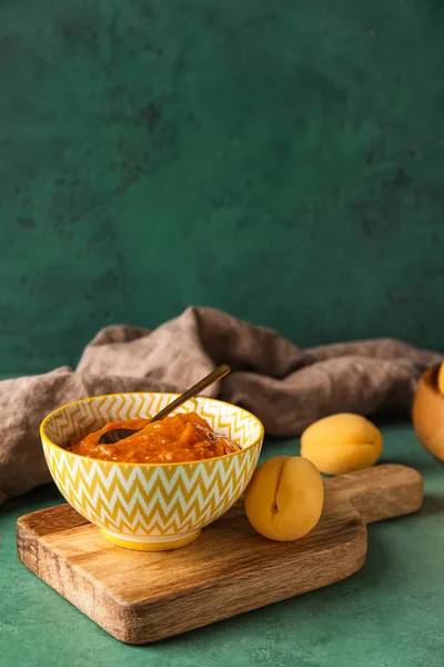 Wooden Board Bowl Tasty Apricot Jam Color Table — Stock Photo, Image