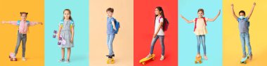 Collage of funny little school children with skateboards on color background