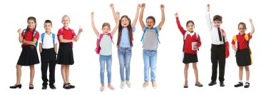Group of happy little school children on white background