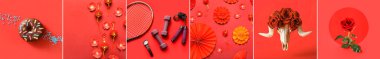 Stylish collection of different items on red background