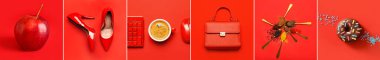 Stylish collage of different items on red background