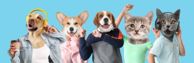 Group of funny cats and dogs with human bodies on blue background