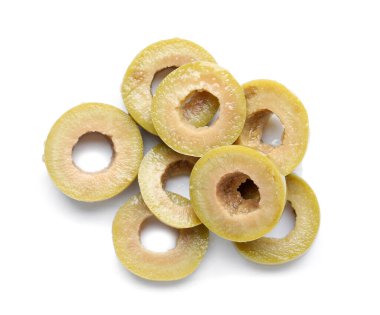 Slices of tasty green olives on white background