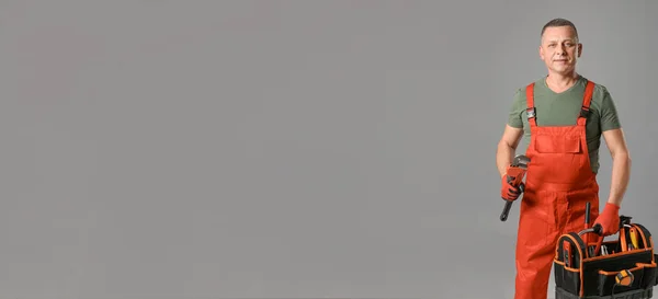 Portrait Plumber Grey Background Space Text — Fotografia de Stock