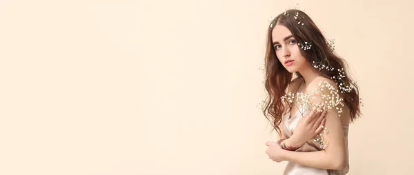 Beautiful Young Woman Flowers Her Hair Beige Background Space Text — Stockfoto