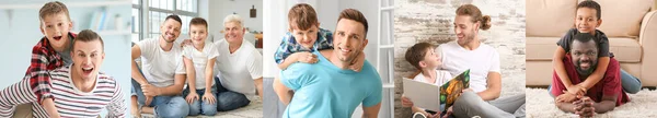 Collage Happy Fathers Sons Home — Stock Photo, Image