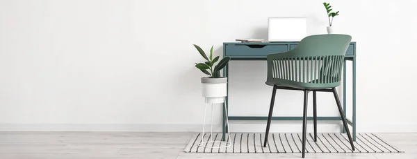 Stylish Workplace Laptop Comfortable Chair Light Wall Room — Stockfoto