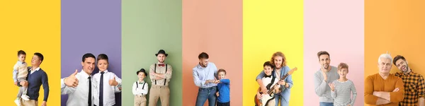 Collage Happy Fathers Sons Color Background — Fotografia de Stock