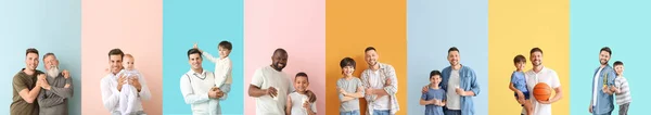 Collage Happy Fathers Sons Color Background — Stockfoto