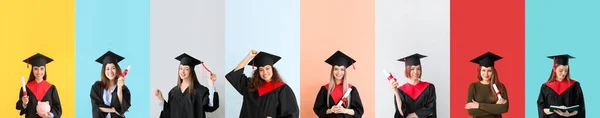 Group Female Graduating Students Color Background — Stok fotoğraf