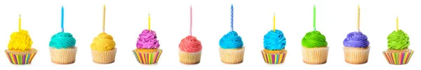 Set Colorful Birthday Cupcakes Candles Isolated White — Stok fotoğraf