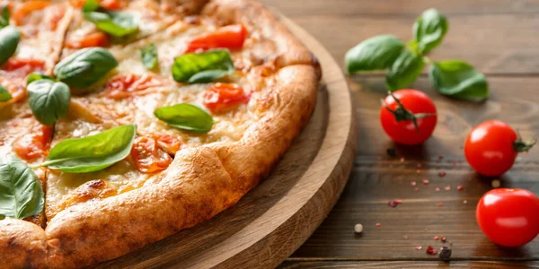 Delicious Pizza Margarita Wooden Table Closeup — Stock Fotó