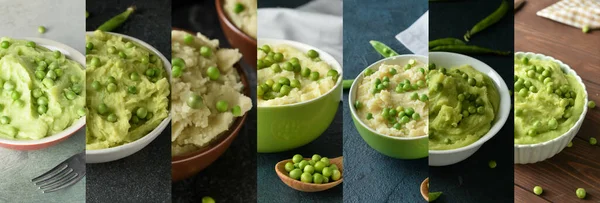 Collage Tasty Homemade Mashed Potato Green Peas — Stock Photo, Image