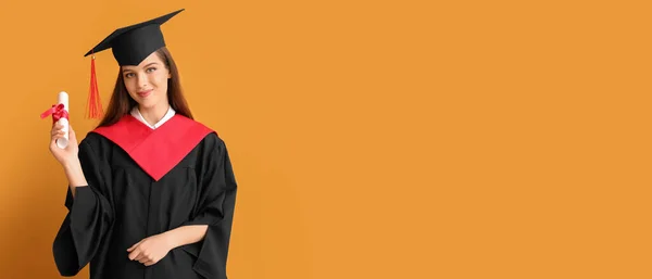Female Graduating Student Diploma Orange Background Space Text — Stock Fotó