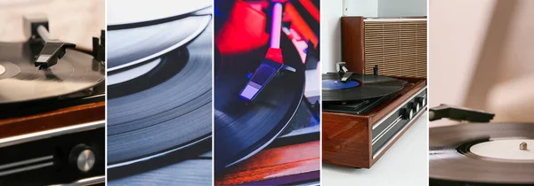 Collage with record players with vinyl disks