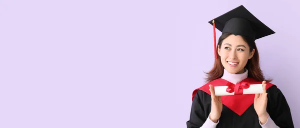 Female Graduating Student Diploma Lilac Background Space Text — Foto de Stock