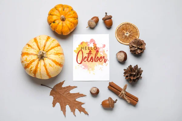 Κάρτα Κείμενο Hello Οκτωβριοσ Και Όμορφη Φθινοπωρινή Σύνθεση Στο Φως — Φωτογραφία Αρχείου