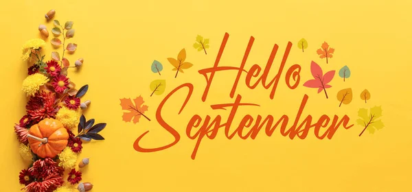 Text Hello September Beautiful Autumn Composition Yellow Background — Photo