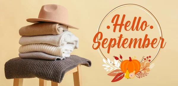 Text Hello September Stylish Autumn Clothes Hat Beige Background — Photo