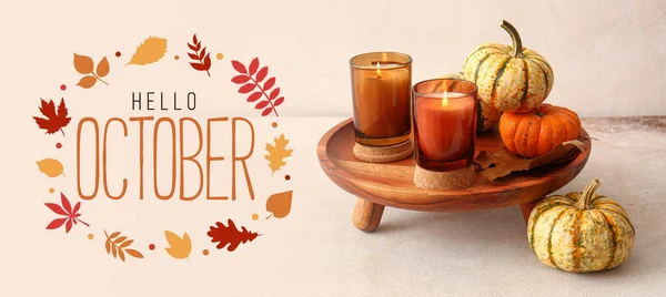 Text Hello October Beautiful Aroma Candles Pumpkins Light Background — Fotografia de Stock