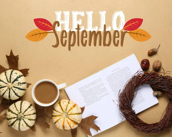 Text Hello September Cup Coffee Book Autumn Decor Beige Background — Fotografia de Stock