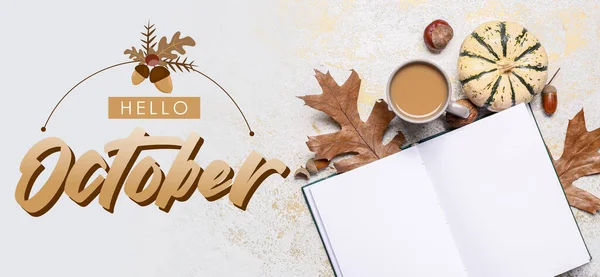 Text Hello October Cup Coffee Book Autumn Decor Light Background — Fotografia de Stock
