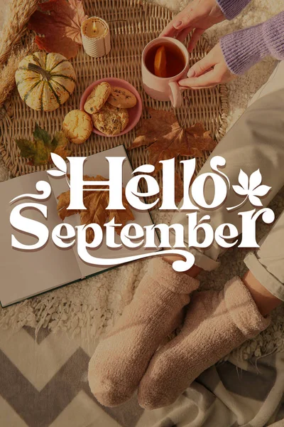Text Hello September Woman Cup Hot Tea Book Sitting Home — Foto Stock