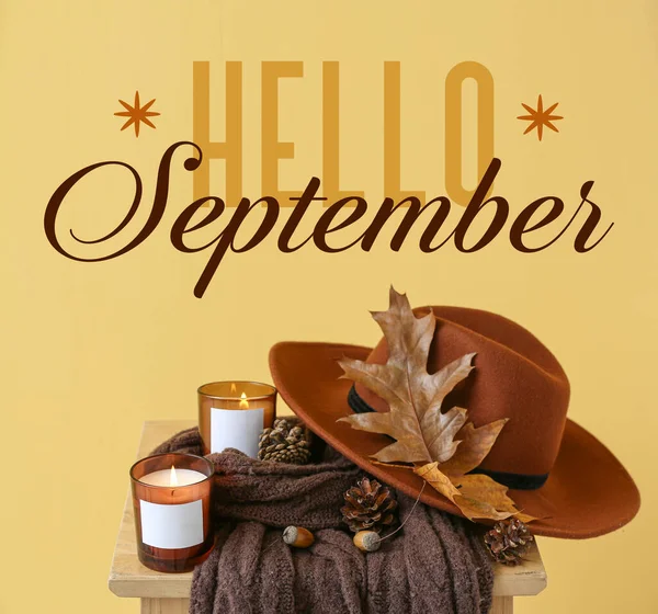 Text Hello September Burning Aroma Candles Stylish Hat Knitted Scarf — Foto Stock